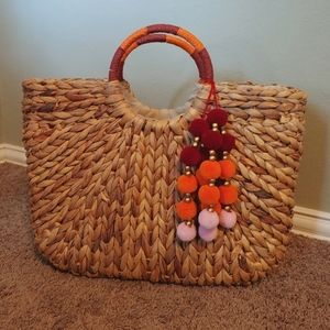 A New Day Pom Pom Straw Tote Bag